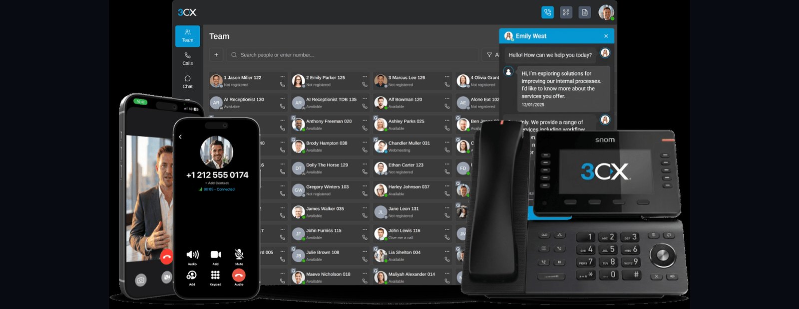 3CX Cloud PBX on desktop, mobile, and desk phones